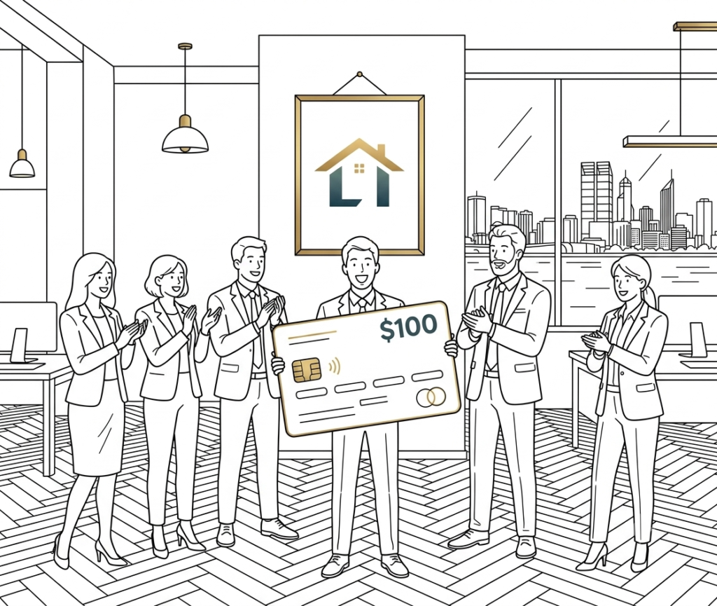 Minimalist 2D line art illustration of a Perth real estate team celebrating an outsourced property inspection milestone with Inspectique, featuring the gold company logo on the wall.