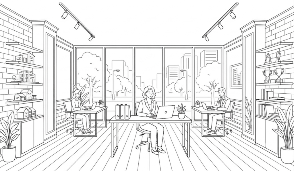 A 2D black and white minimalist line art illustration of property management agency partners collaborating in a modern office. Designed as a graphic asset for Inspectique, Western Australia's premium outsourced inspection partner specialising in routine inspections, Property Condition Reports (PCR), and Final Bond Inspections (FBI).